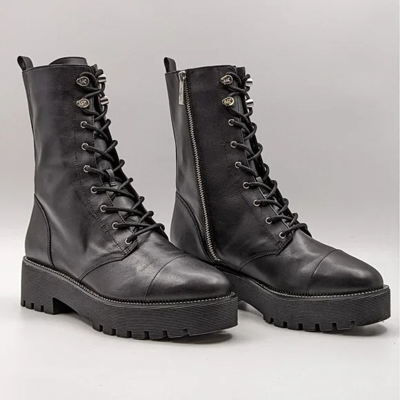 Michael Kors Women Bryce Platform Black Leather Lace Combat Boots US 9.5 M NEW - Picture 1 of 10